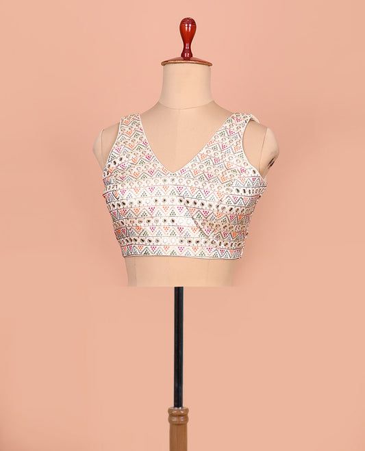 Cream colorful geometric motifs thread embroidered front-back v-neck sleeveless readymade blouse