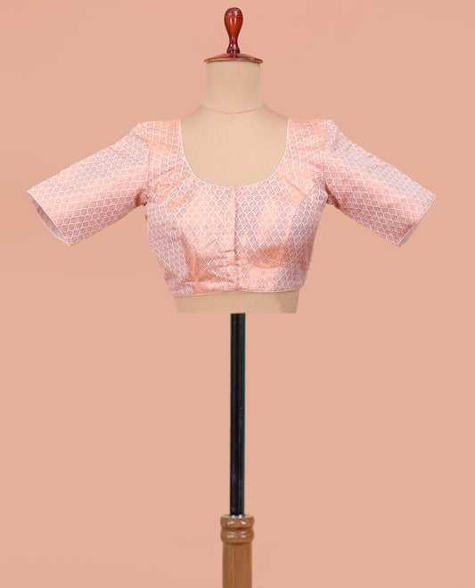 Rose Gold Readymade Blouse Featuring Jacquard Design, a Front Round-Neck, Back Round-Neck, and Elbow Sleeves