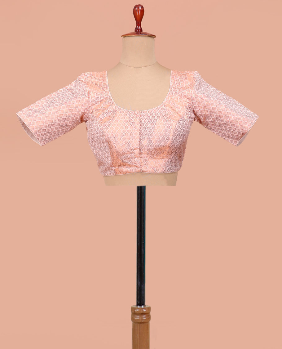 Rose Gold Readymade Blouse Featuring Jacquard Design, a Front Round-Neck, Back Round-Neck, and Elbow Sleeves