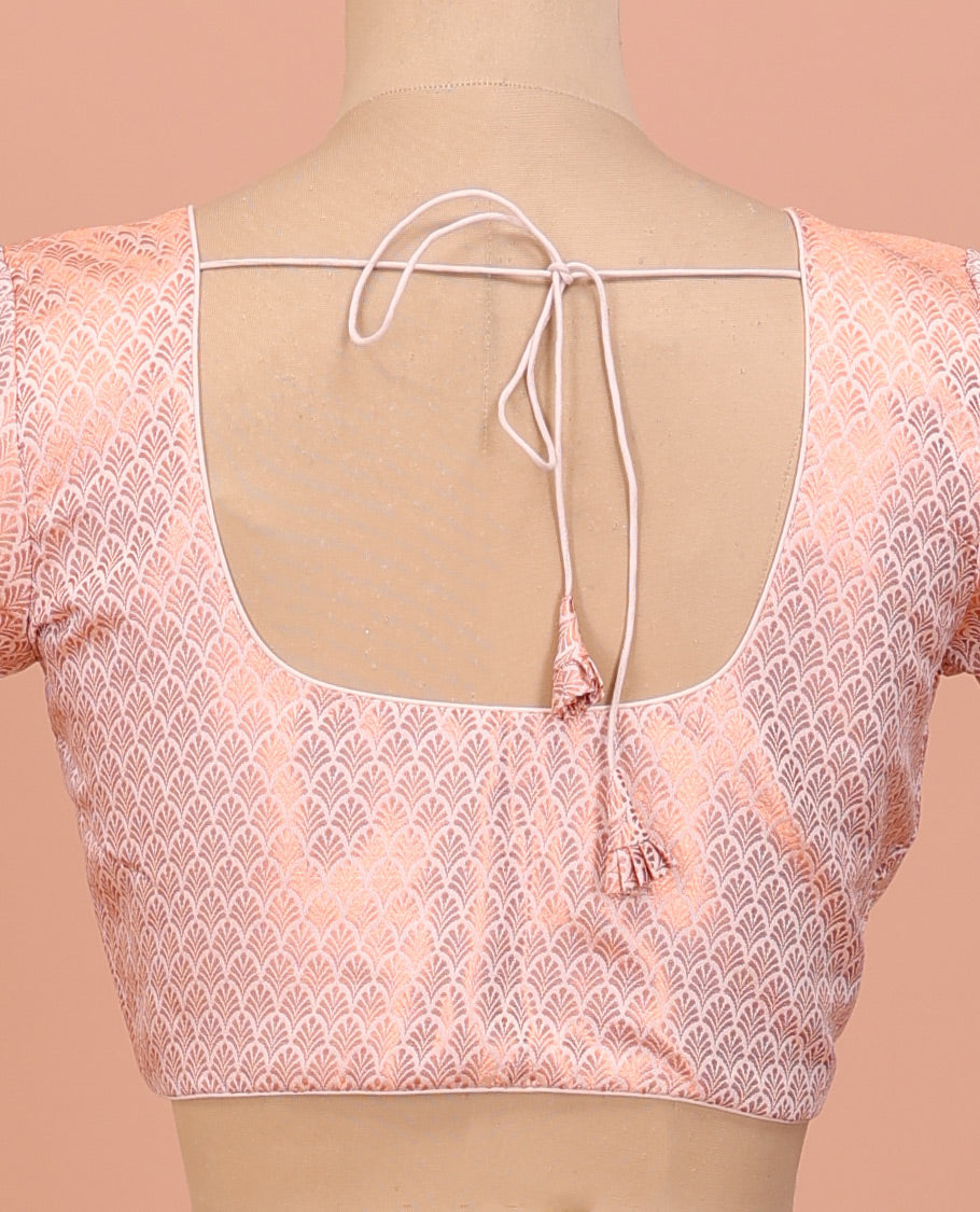 Rose Gold Readymade Blouse Featuring Jacquard Design, a Front Round-Neck, Back Round-Neck, and Elbow Sleeves