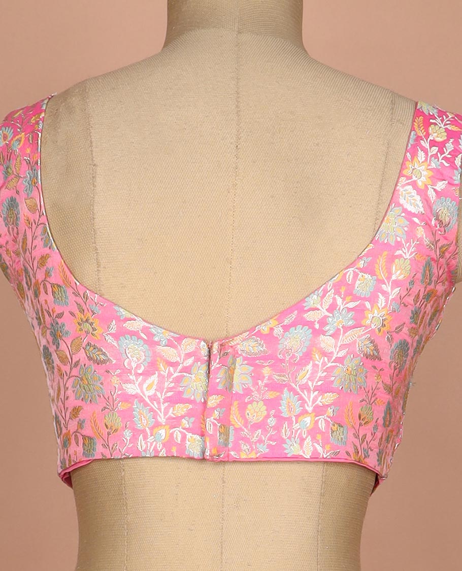 Pink meenakari floral jaal jacquard sweet-heart neck thick strapped sleeveless banarasi readymade blouse