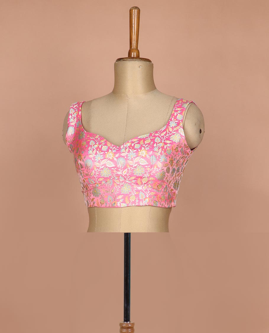 Pink meenakari floral jaal jacquard sweet-heart neck thick strapped sleeveless banarasi readymade blouse
