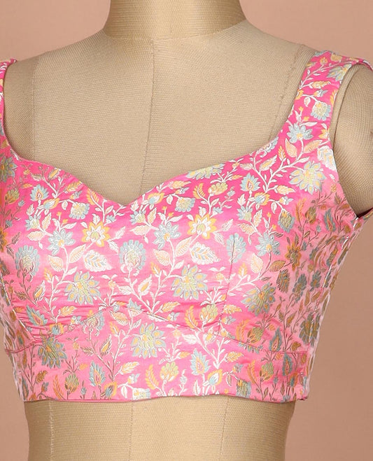 Pink meenakari floral jaal jacquard sweet-heart neck thick strapped sleeveless banarasi readymade blouse