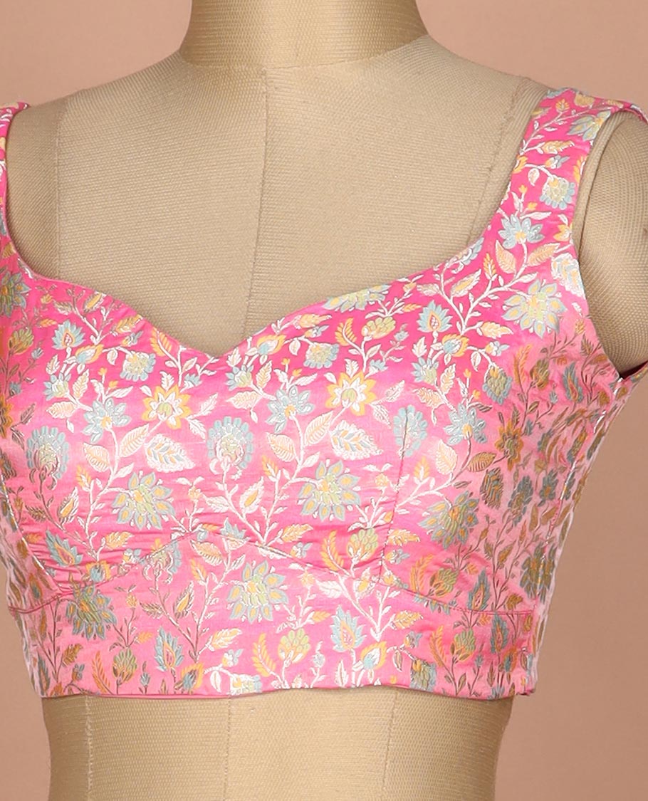 Pink meenakari floral jaal jacquard sweet-heart neck thick strapped sleeveless banarasi readymade blouse