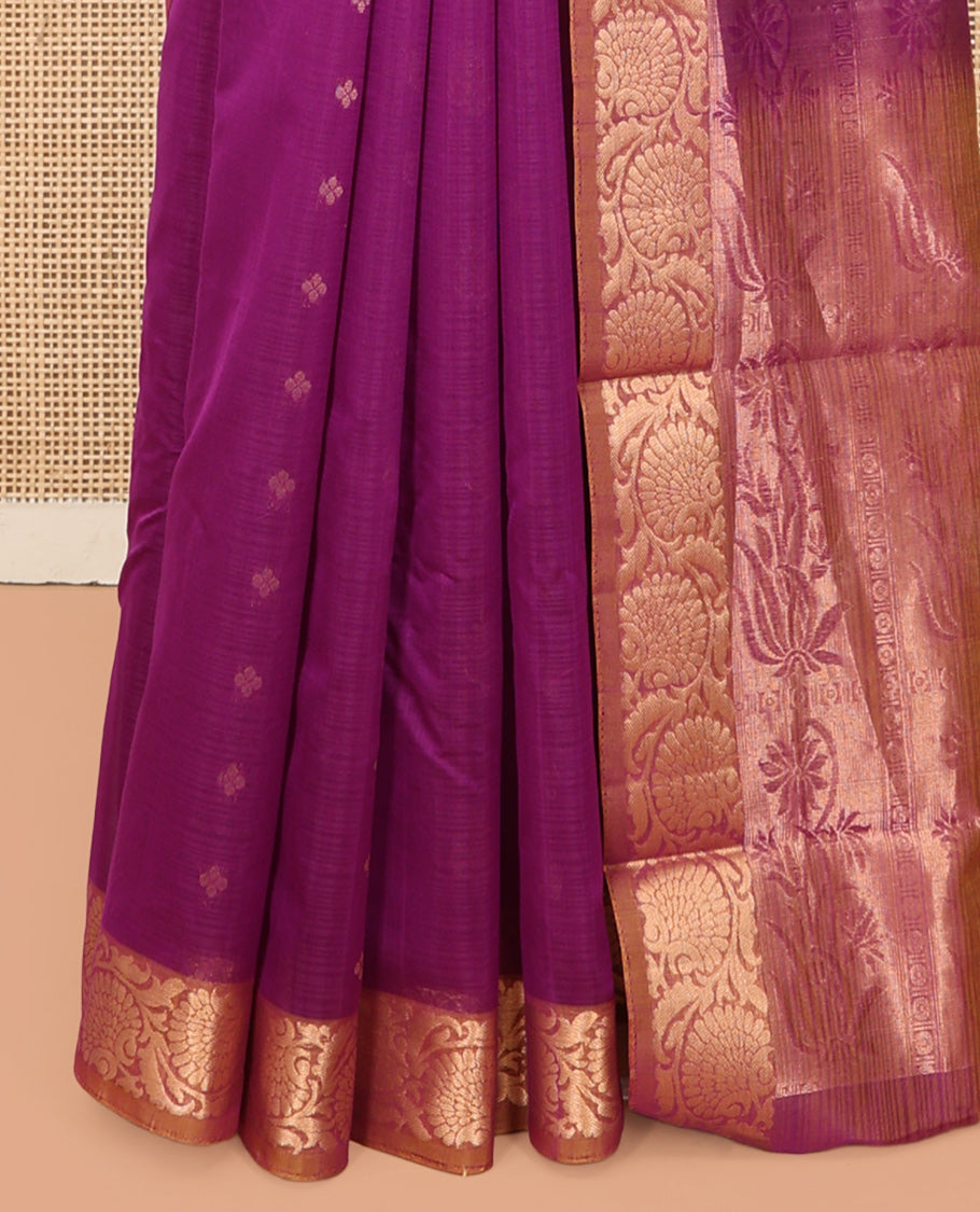 Pink Silk Cotton Saree, Embellished with Zari Buttas, a Contrast Floral Creeper Border, Grand Pallu, and a Contrast Blouse