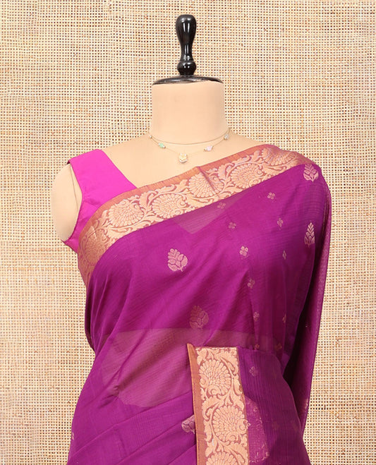Pink Silk Cotton Saree, Embellished with Zari Buttas, a Contrast Floral Creeper Border, Grand Pallu, and a Contrast Blouse