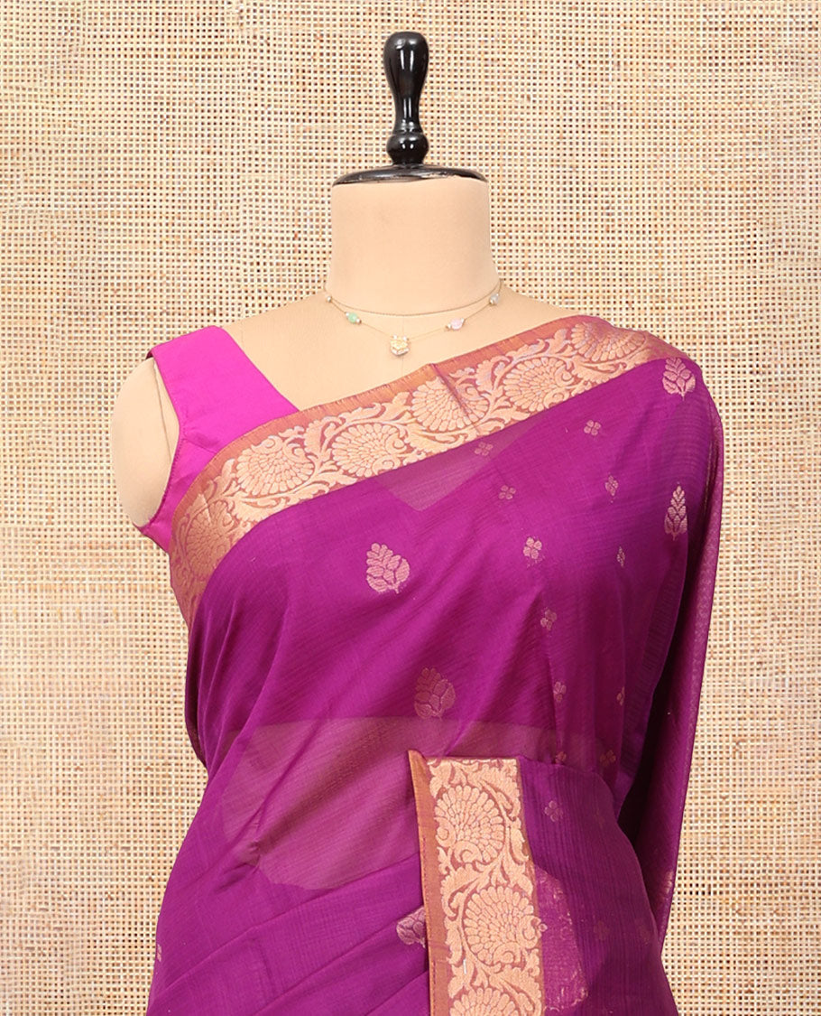 Pink Silk Cotton Saree, Embellished with Zari Buttas, a Contrast Floral Creeper Border, Grand Pallu, and a Contrast Blouse