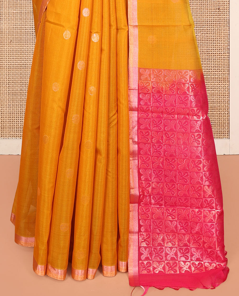 Yellow Silk Cotton Saree, Sparsely Woven with Buttas, a Subtle Piping Border, Contrast Pallu of Floral Designs, and a Contrast Blouse