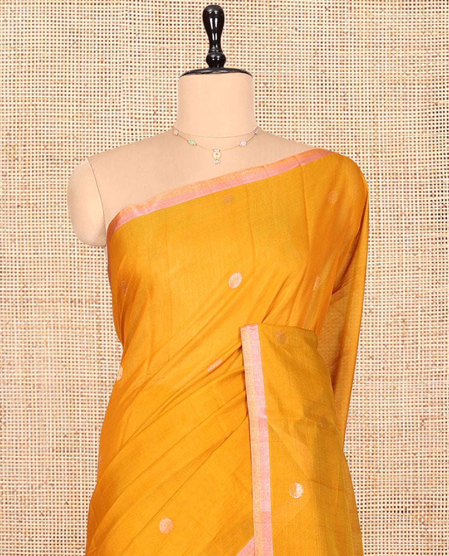 Yellow Silk Cotton Saree, Sparsely Woven with Buttas, a Subtle Piping Border, Contrast Pallu of Floral Designs, and a Contrast Blouse