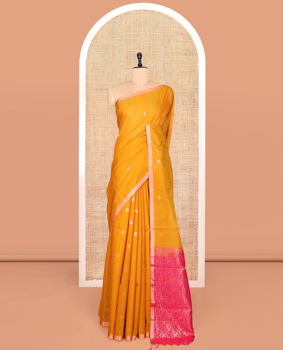 Yellow Silk Cotton Saree, Sparsely Woven with Buttas, a Subtle Piping Border, Contrast Pallu of Floral Designs, and a Contrast Blouse