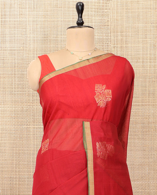 Red Silk Cotton Saree, Enriched with Zari Buttas, a Contrast Zari Piping Border, Intricate Pallu, and a Contrast Blouse