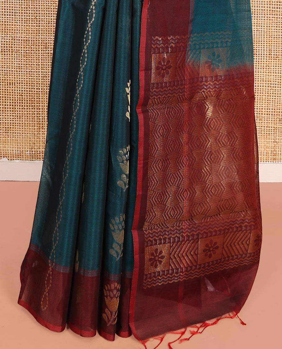 Blue Silk Cotton Saree, Decorated with Zari Buttas All Over Its Body, Complemented by a Contrast Zari Design Border, Pallu of Geometric Zari Designs, and Paired with a Contrast Blouse