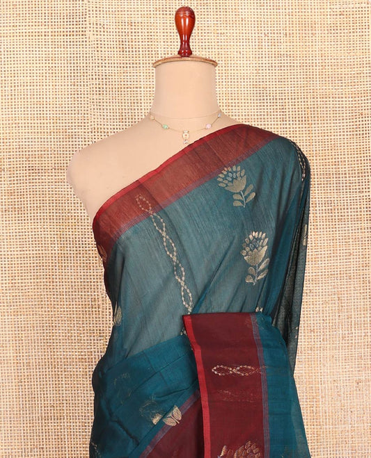 Blue Silk Cotton Saree, Decorated with Zari Buttas All Over Its Body, Complemented by a Contrast Zari Design Border, Pallu of Geometric Zari Designs, and Paired with a Contrast Blouse
