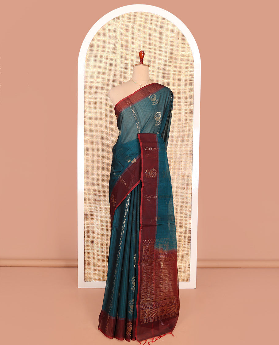 Blue Silk Cotton Saree, Decorated with Zari Buttas All Over Its Body, Complemented by a Contrast Zari Design Border, Pallu of Geometric Zari Designs, and Paired with a Contrast Blouse