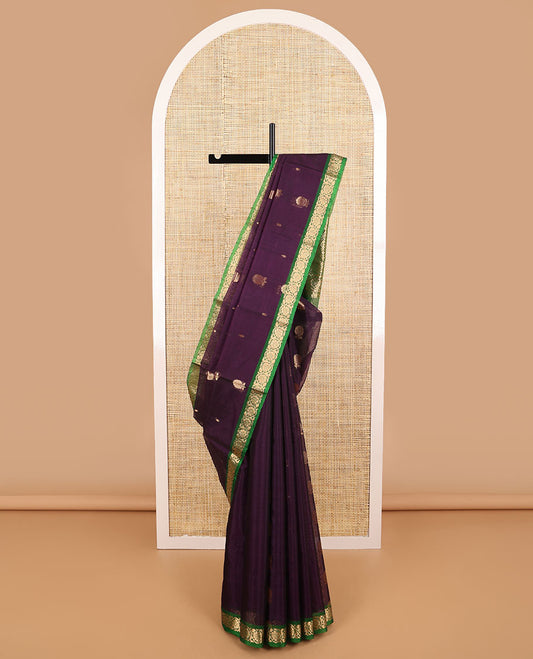 Violet floral design silk cotton saree with contrast zari design border & floral design pallu