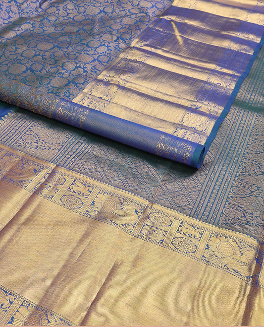 Blue floral jacquard samudrika silk saree with contrast intricate zari design border & floral zari design pallu