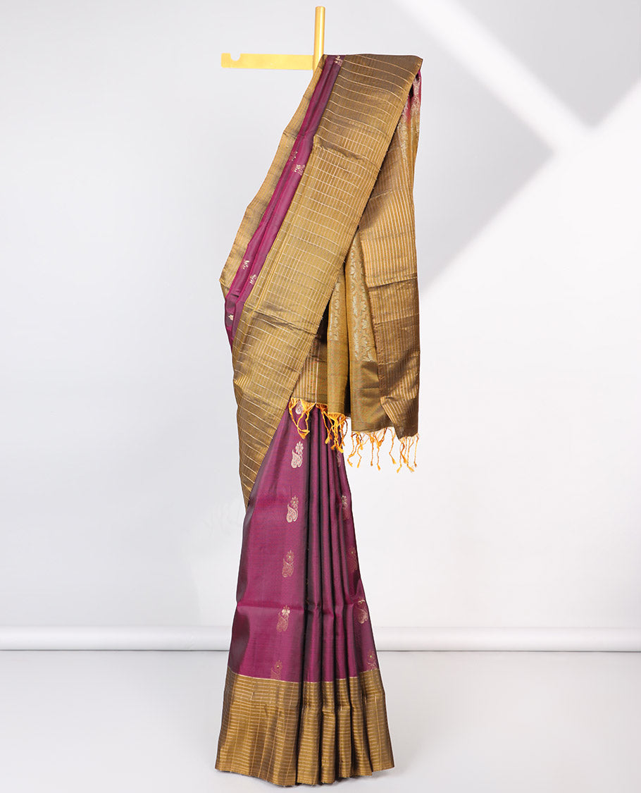 Maroon floral motifs semi-soft silk sare with contrast striped border & pallu of argyle pattern