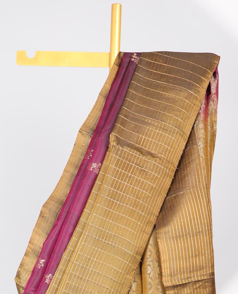 Maroon floral motifs semi-soft silk sare with contrast striped border & pallu of argyle pattern