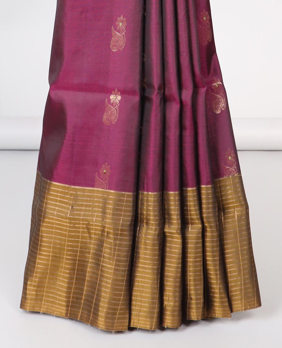 Maroon floral motifs semi-soft silk sare with contrast striped border & pallu of argyle pattern