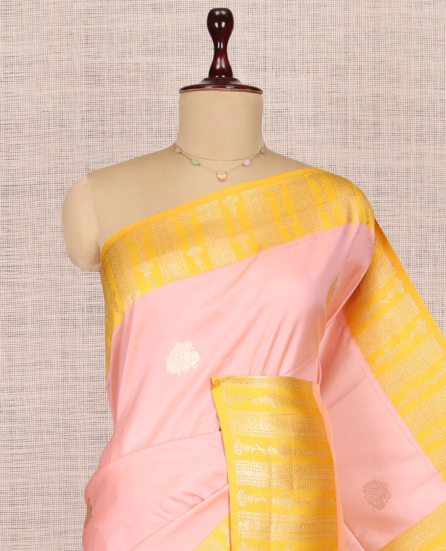 Pink Fancy Soft Silk Saree, Bedecked with Peacock Zari Buttas, Complemented by Contrast Zari Intricate Border, Grand Pallu, and a Contrast Blouse