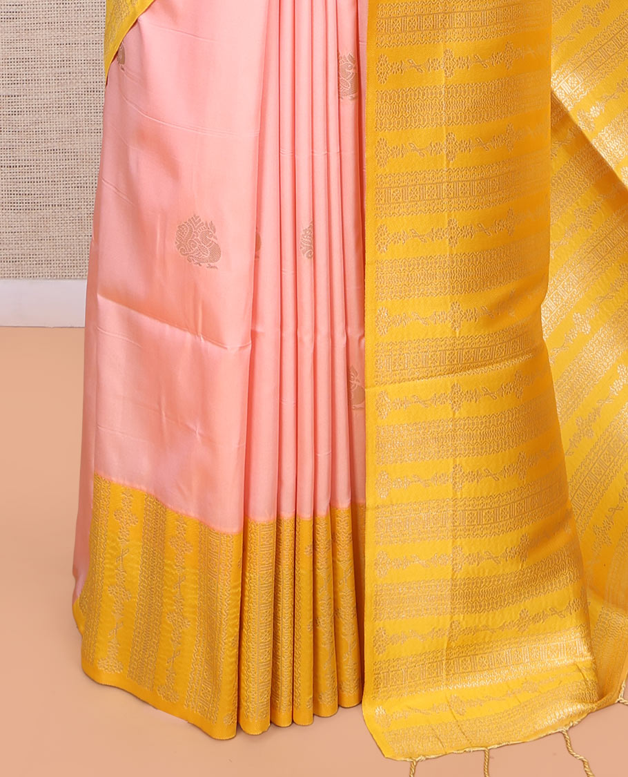 Pink Fancy Soft Silk Saree, Bedecked with Peacock Zari Buttas, Complemented by Contrast Zari Intricate Border, Grand Pallu, and a Contrast Blouse