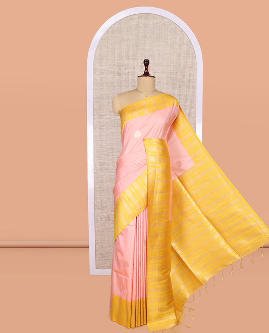 Pink Fancy Soft Silk Saree, Bedecked with Peacock Zari Buttas, Complemented by Contrast Zari Intricate Border, Grand Pallu, and a Contrast Blouse