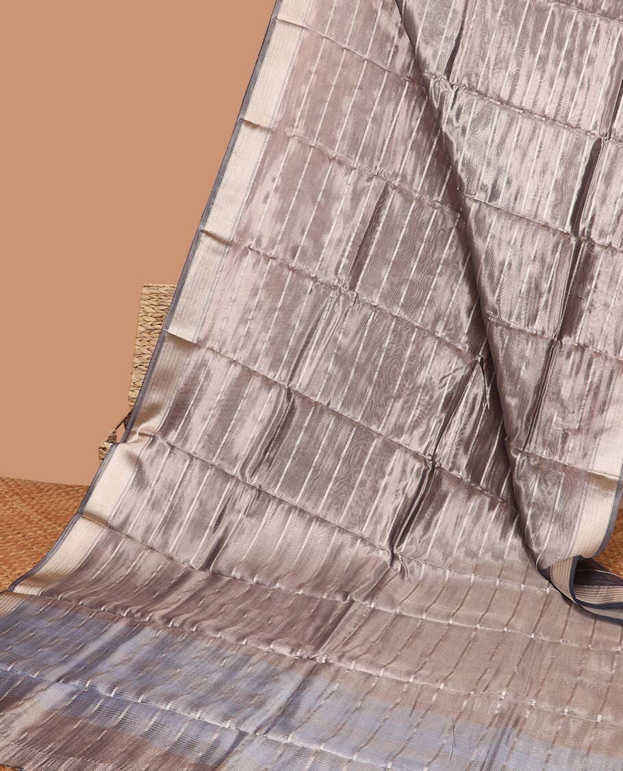 Grey striped semi-banaras tissue saree, plain border & striped pallu 