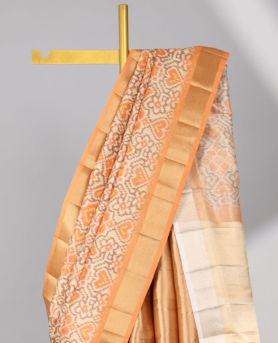 Cream ikkat style floral design tissue saree with contrast zari border & zari design pallu