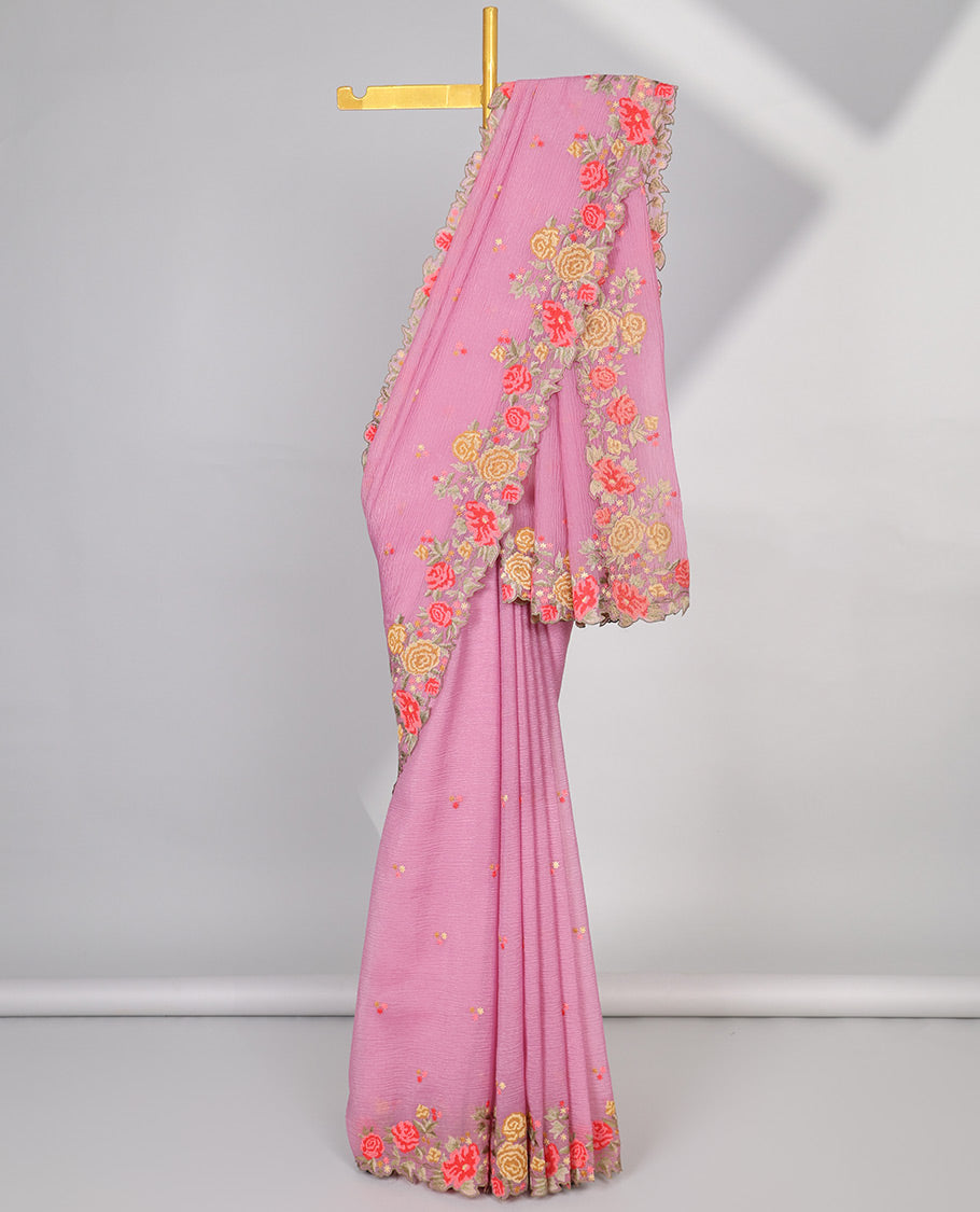 Yellow crushed tissue saree with scallop floral border & motif embroidery pallu
