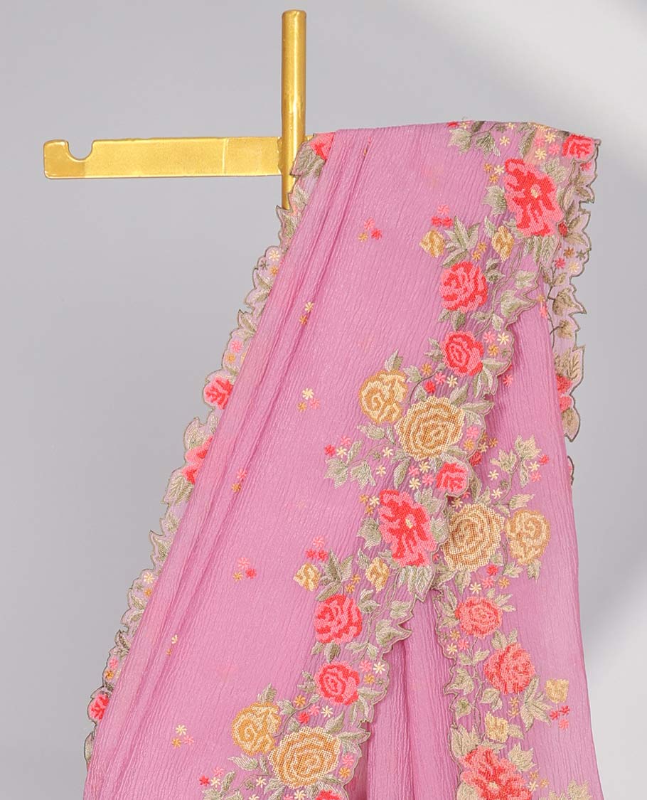 Yellow crushed tissue saree with scallop floral border & motif embroidery pallu