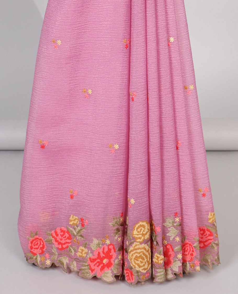 Yellow crushed tissue saree with scallop floral border & motif embroidery pallu