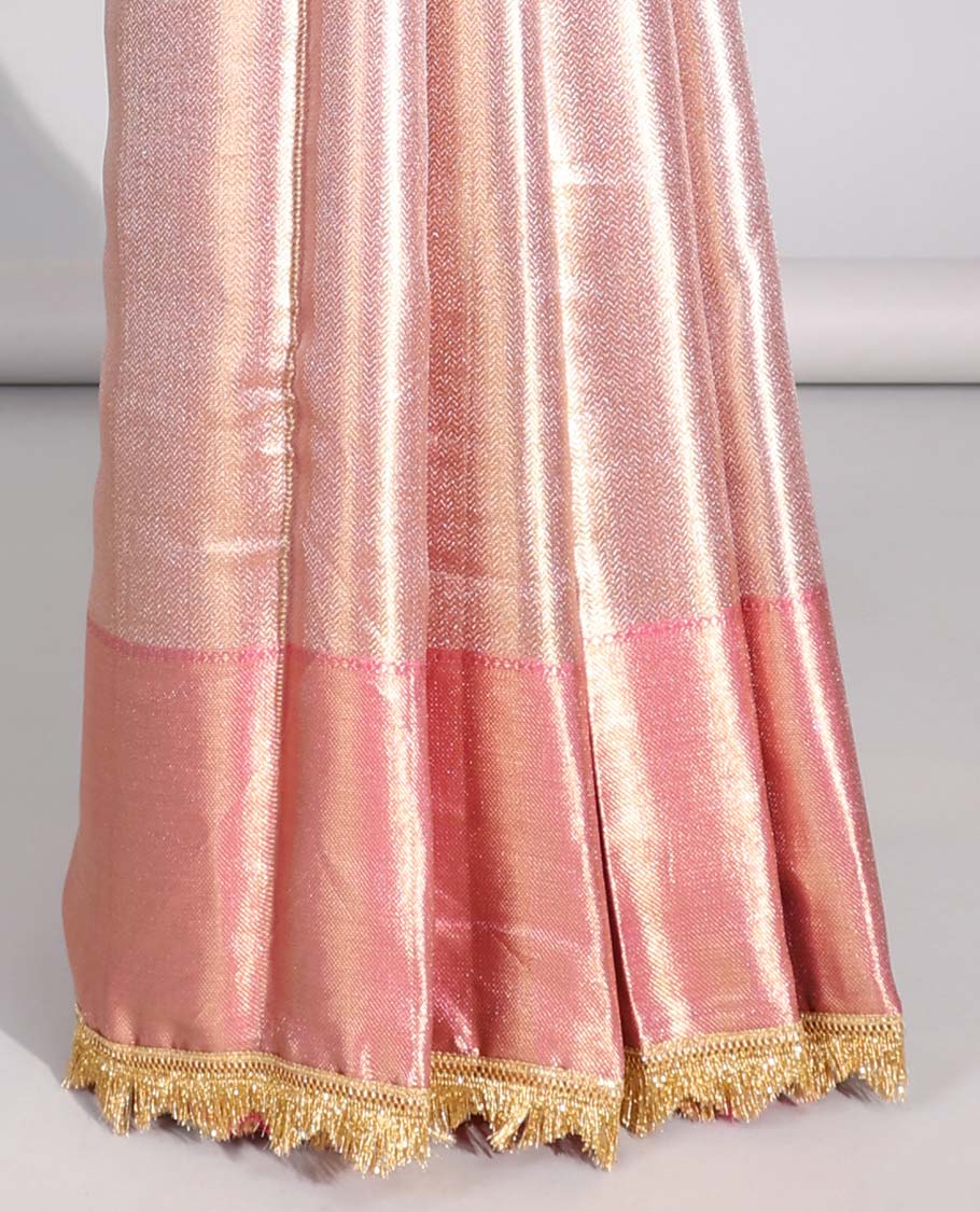 Light pink striped tissue saree with contrast intricate design border & zig zag striped pallu