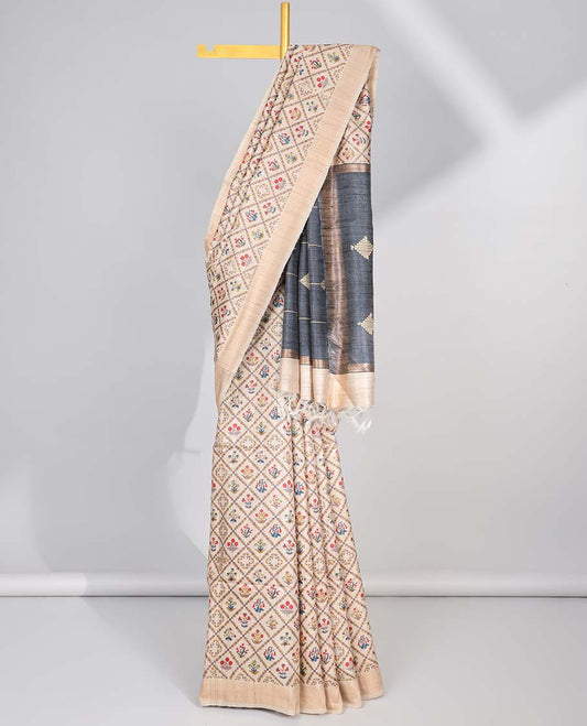 Cream floral enclosed with argyle design tussar silk saree with self-border & striped design pallu