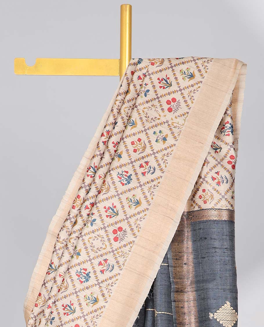 Cream floral enclosed with argyle design tussar silk saree with self-border & striped design pallu
