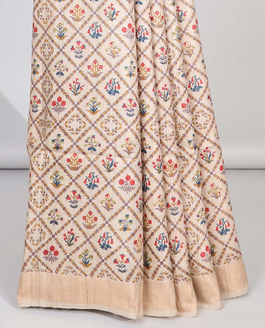 Cream floral enclosed with argyle design tussar silk saree with self-border & striped design pallu