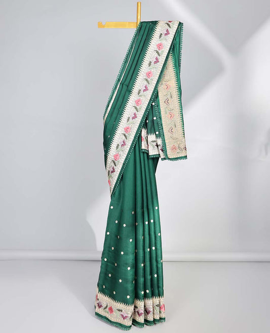 Green polka dot semi-banaras tussar saree & contrast floral thread embroidered border
