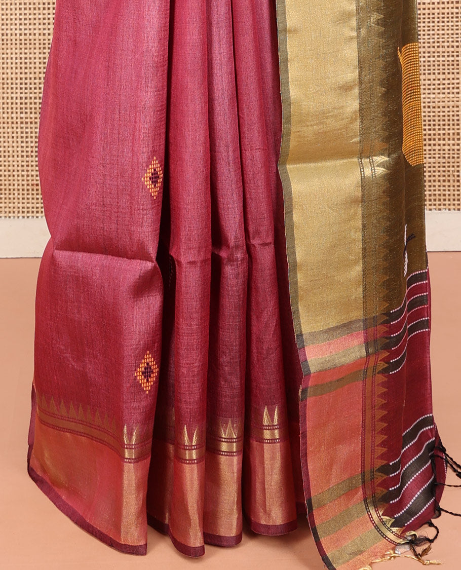 Pink Tussar Silk Saree, Graced with Diamond Motifs, a Temple Border, Contrast Delicately Thread Pallu, and a Contrast Blouse
