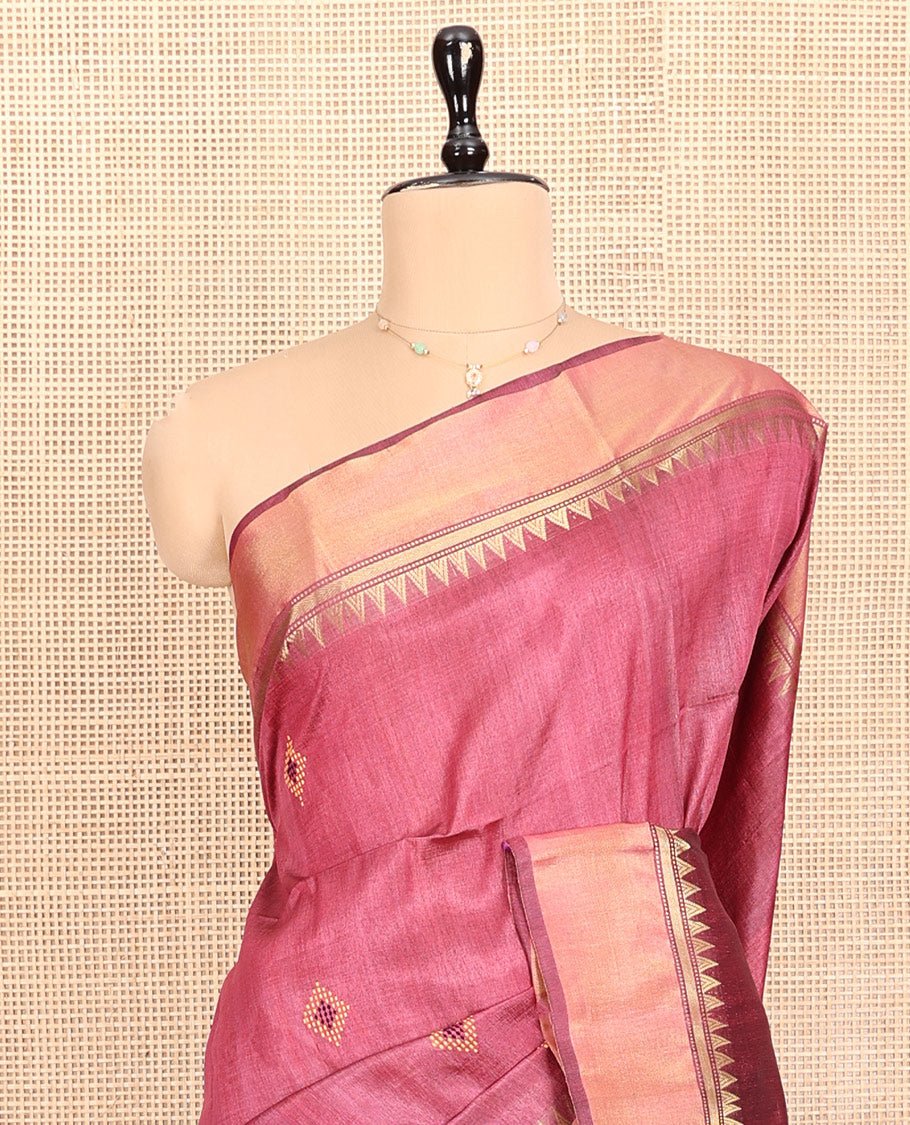 Pink Tussar Silk Saree, Graced with Diamond Motifs, a Temple Border, Contrast Delicately Thread Pallu, and a Contrast Blouse