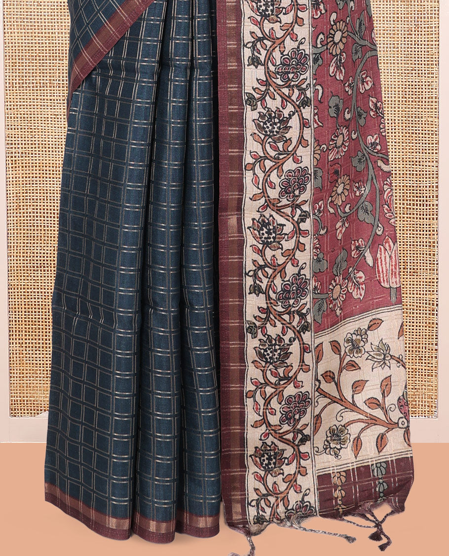 Blue Fancy Tussar Silk Saree, Elevated with Checked Design, Contrast Zari Piping Border, Pallu of Kalamkari Peacock Motifs, and Contrast Kalamkari Printed Blouse
