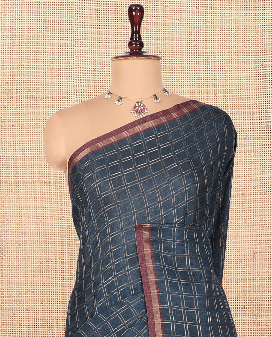 Blue Fancy Tussar Silk Saree, Elevated with Checked Design, Contrast Zari Piping Border, Pallu of Kalamkari Peacock Motifs, and Contrast Kalamkari Printed Blouse
