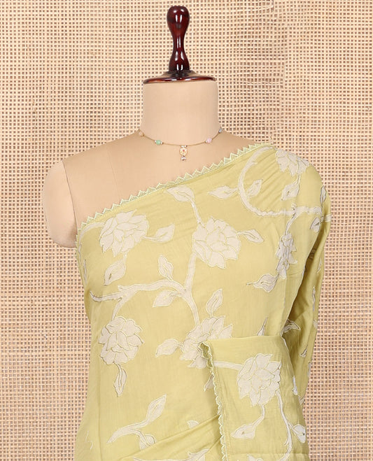 Pale Green Tussar Silk Saree, Prettified with Floral Vine Embroidery, Lace Border, and a Matching Blouse