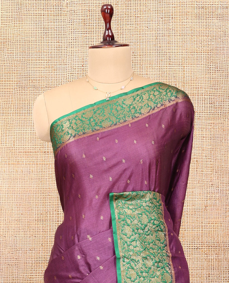 Purple Tussar Silk Saree, Accentuated with Zari Buttas, a Contrast Floral Design Border, Floral Design Pallu, and a Contrast Blouse