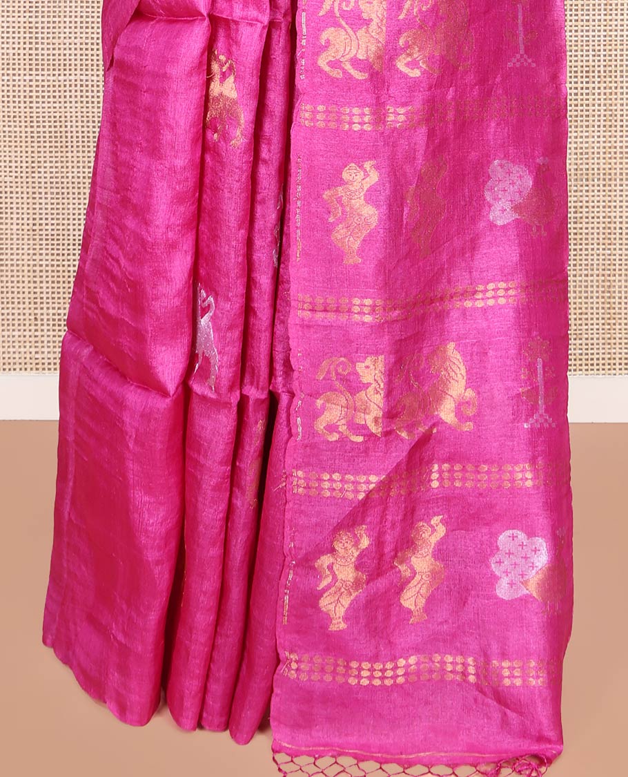 Borderless Rani Pink Tussar Silk Saree Illustrating Mythological Animal Motifs Woven in Zari on Its Body, Pallu Highlighted by Animal-Human Motifs in Zari, and Paired with a Matching Blouse