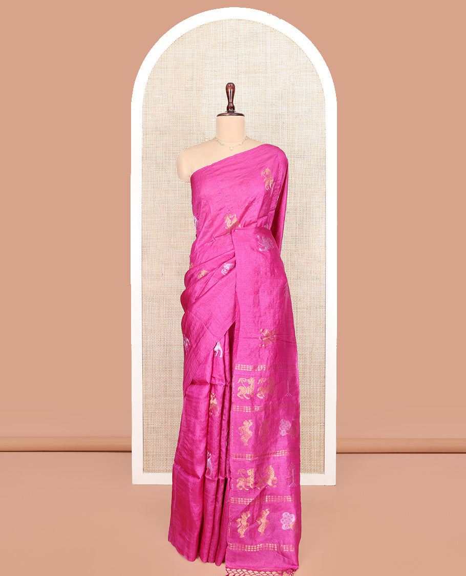 Borderless Rani Pink Tussar Silk Saree Illustrating Mythological Animal Motifs Woven in Zari on Its Body, Pallu Highlighted by Animal-Human Motifs in Zari, and Paired with a Matching Blouse