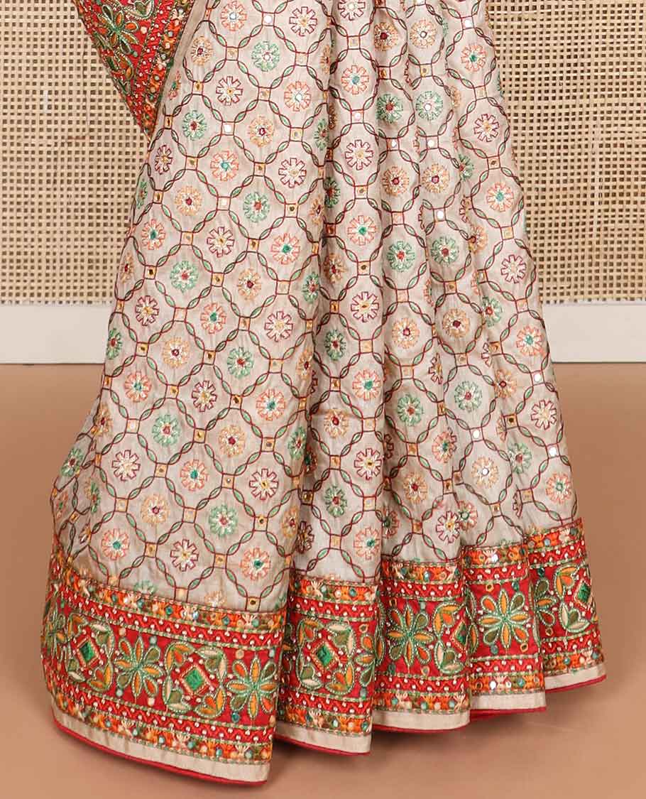 Cream thread embroidery, mirror work tussar silk saree with embroidery border & floral thread embroidery pallu
