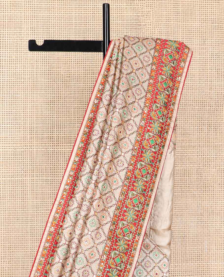 Cream thread embroidery, mirror work tussar silk saree with embroidery border & floral thread embroidery pallu