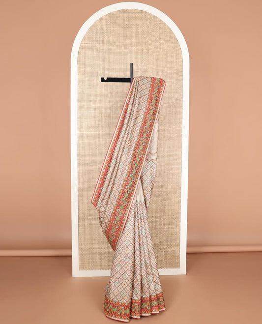 Cream thread embroidery, mirror work tussar silk saree with embroidery border & floral thread embroidery pallu
