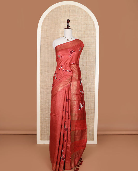 Red floral motifs multi-color thread embroidered tussar silk saree, bavanji border, and striped pallu
