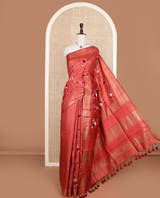 Red floral motifs multi-color thread embroidered tussar silk saree, bavanji border, and striped pallu