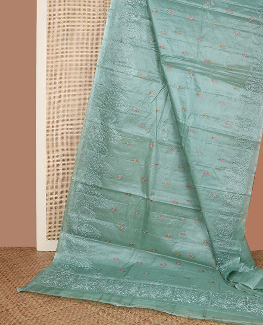 Green paisley motifs, multi-color thread embroidered tussar saree, paisley thread embroidered border, and pallu